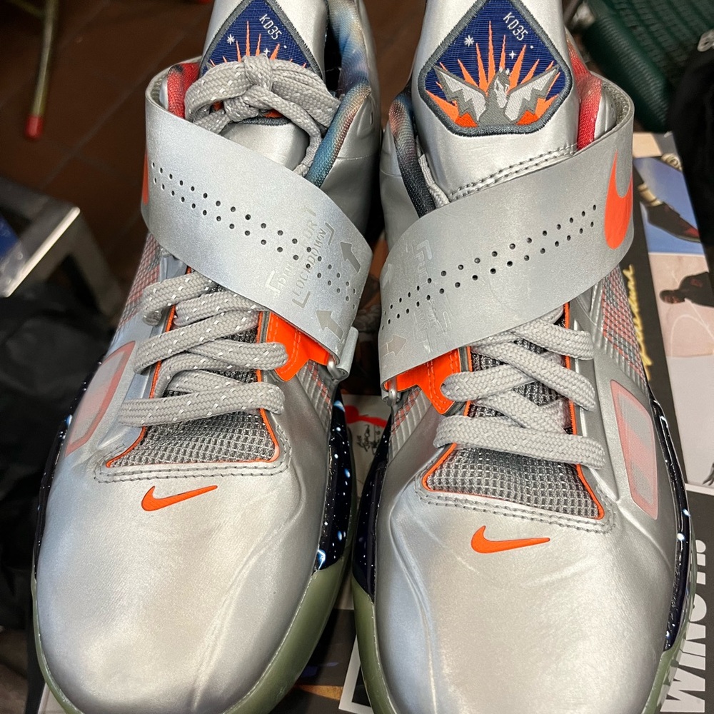 Nike KD Galaxy 4 Silver and Orange Mid-Top Sneakers with Perforated Design